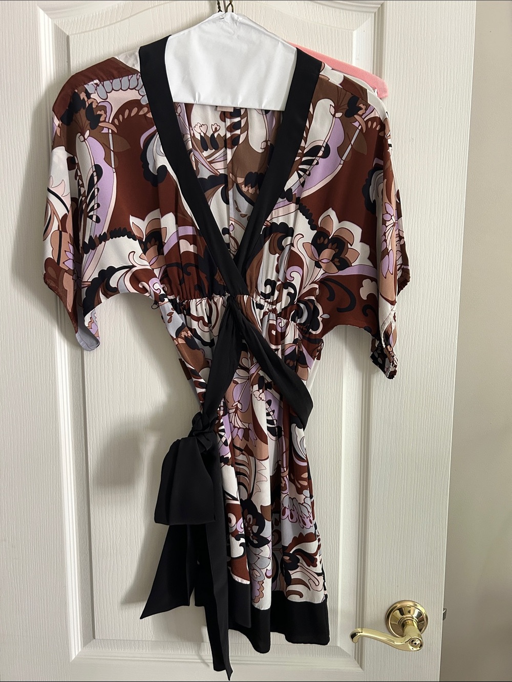 Hype Brown Floral Midi Wrap Dress with Black Trim 2 100% silk